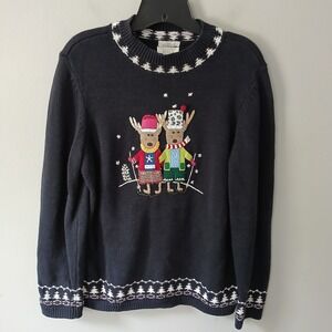 Christopher & Banks Size‎ Large Sweater Hand Embroidered Reindeer 100% Cotton